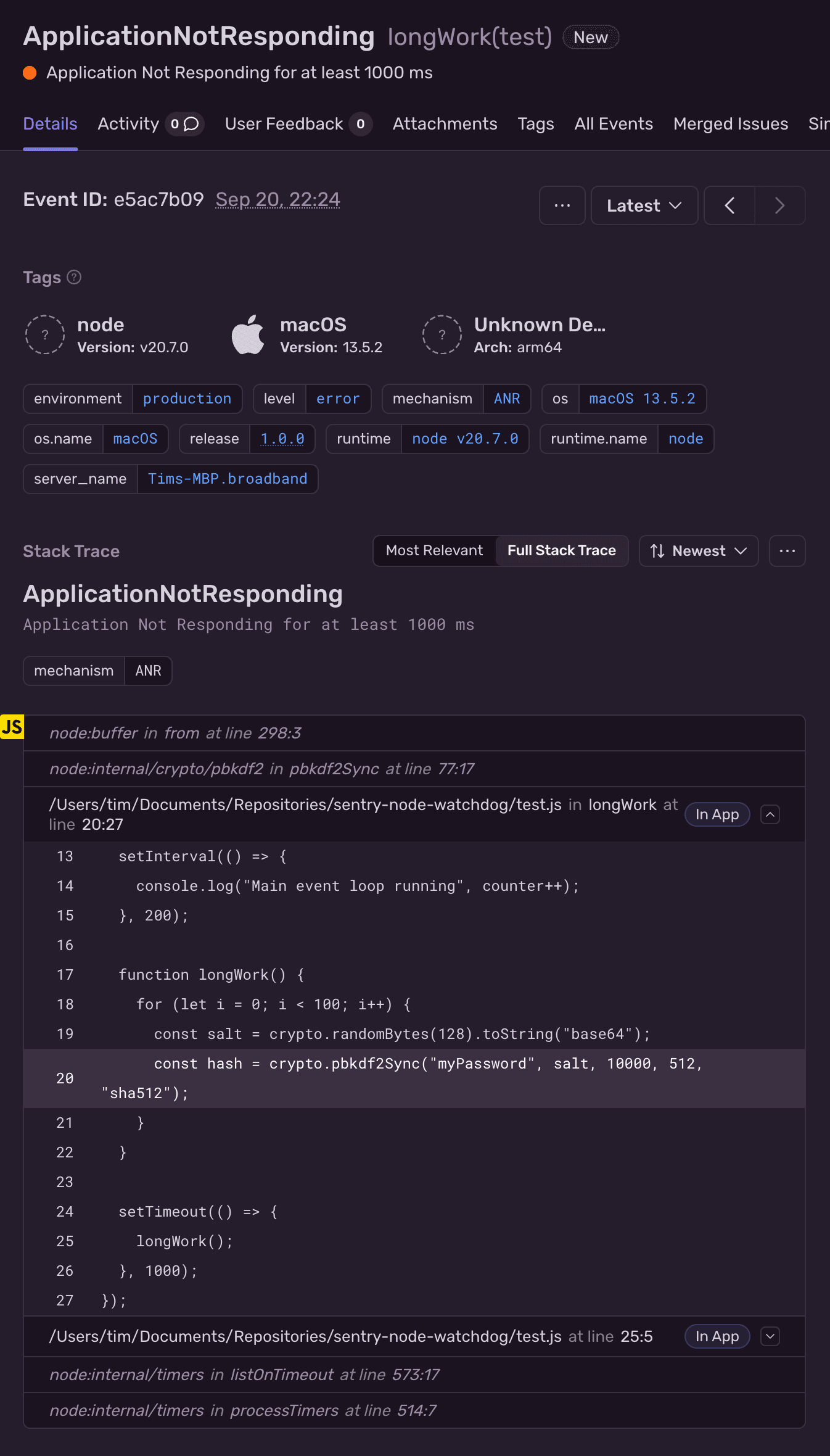 Example of an ANR error event